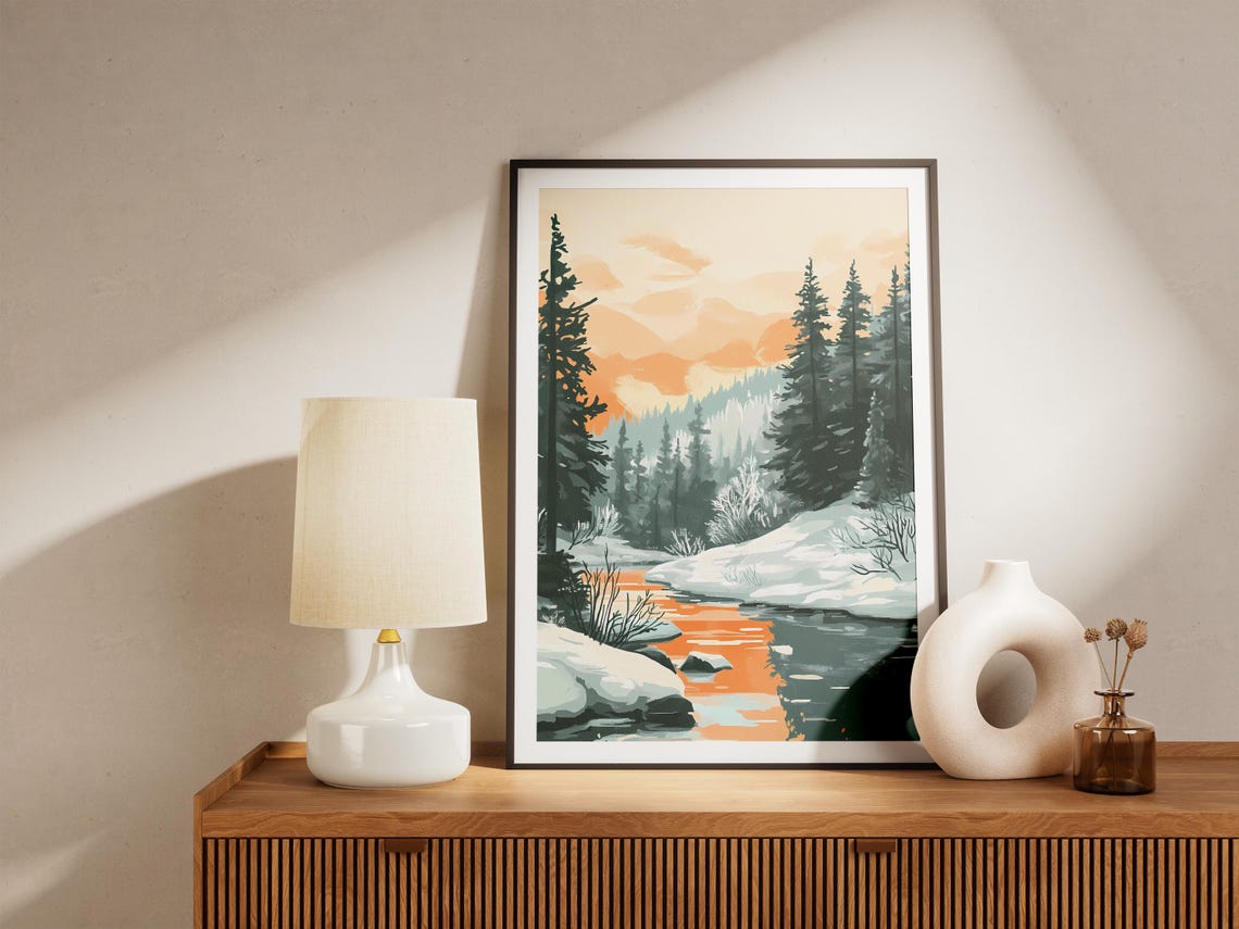 Winter Pine Forest Sunset Reflecting on a Frozen River Poster - Image 5