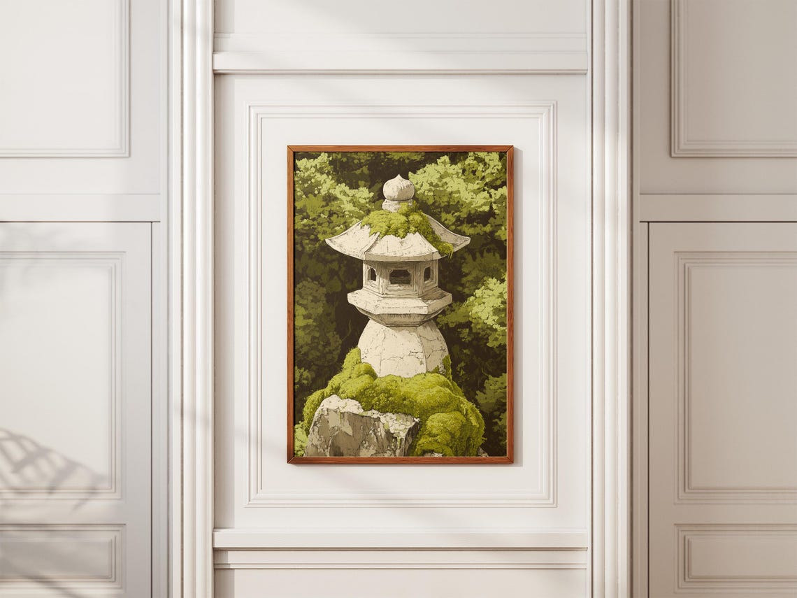 Moss Covered Japanese Stone Lantern in Lush Green Forest Poster - Image 2