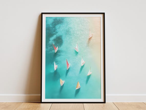 Sailboats Aerial View Turquoise Water Ocean Summer Beach Nautical Art Print Home Decor Wall Art Summer Vacation Coastal Decor