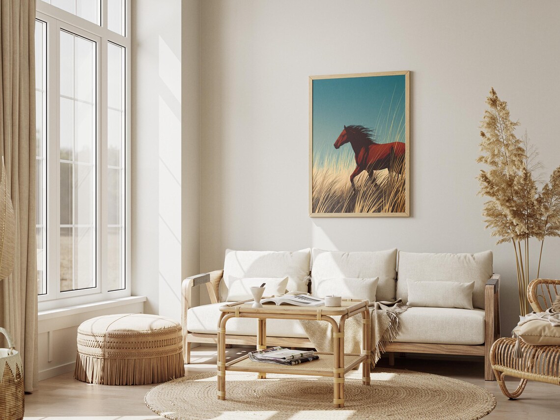 Wild Horse Running Through Golden Prairie Grass Sunset Poster - Image 3