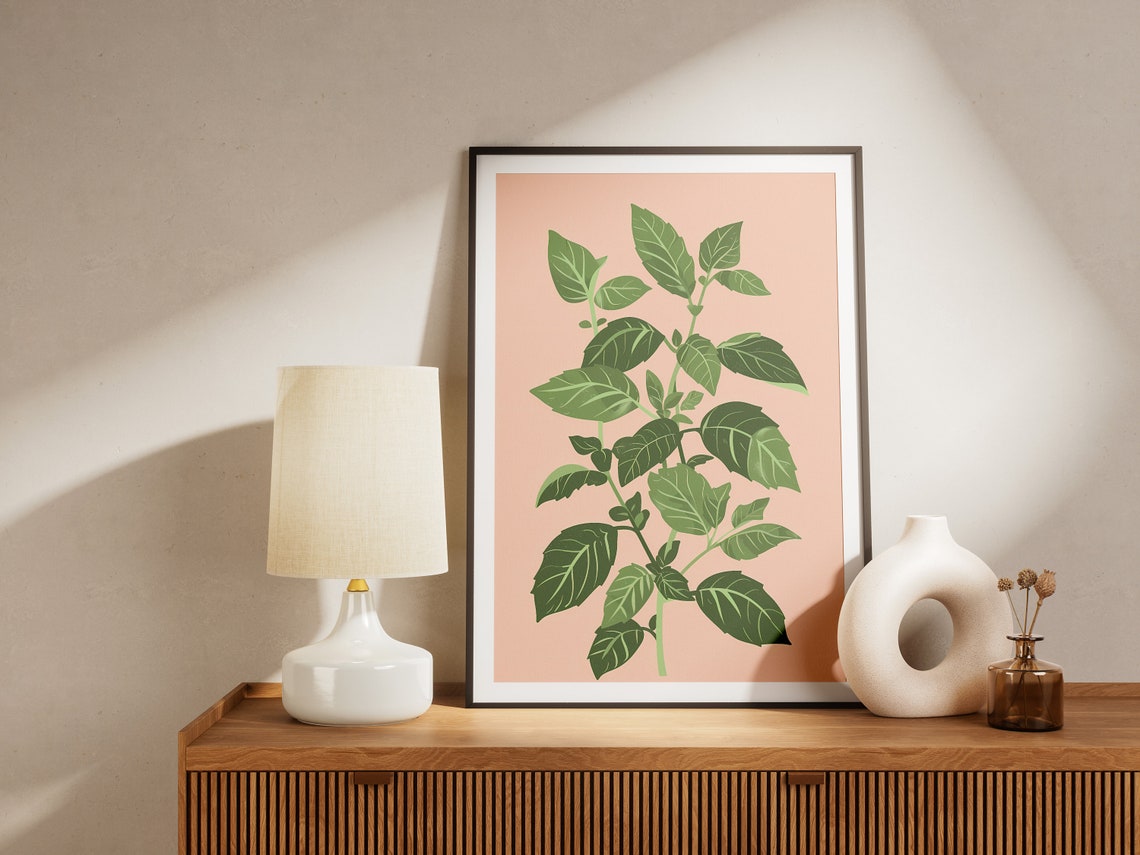 Fresh Basil Leaves Peach Background Kitchen Botanical Poster - Image 2