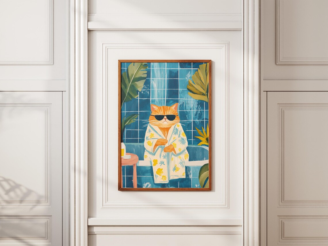 Cool Cat in Sunglasses Floral Bathrobe Tropical Bathroom Pet Art Poster - Image 2