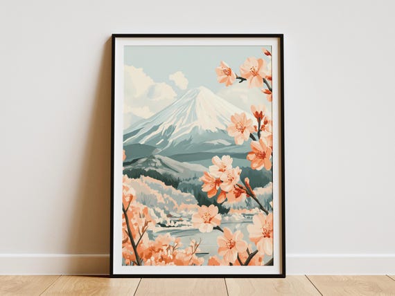 Japanese Cherry Blossoms Fuji Mountain Poster Peach Pink Flower Art Print Asian Landscape Wall Decor Spring Floral Botanical Illustration