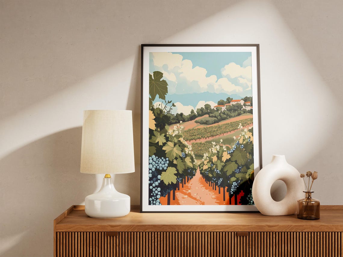 Sunlit Vineyard Hillside With Grape Vines And Hilltop Winery Poster - Image 5