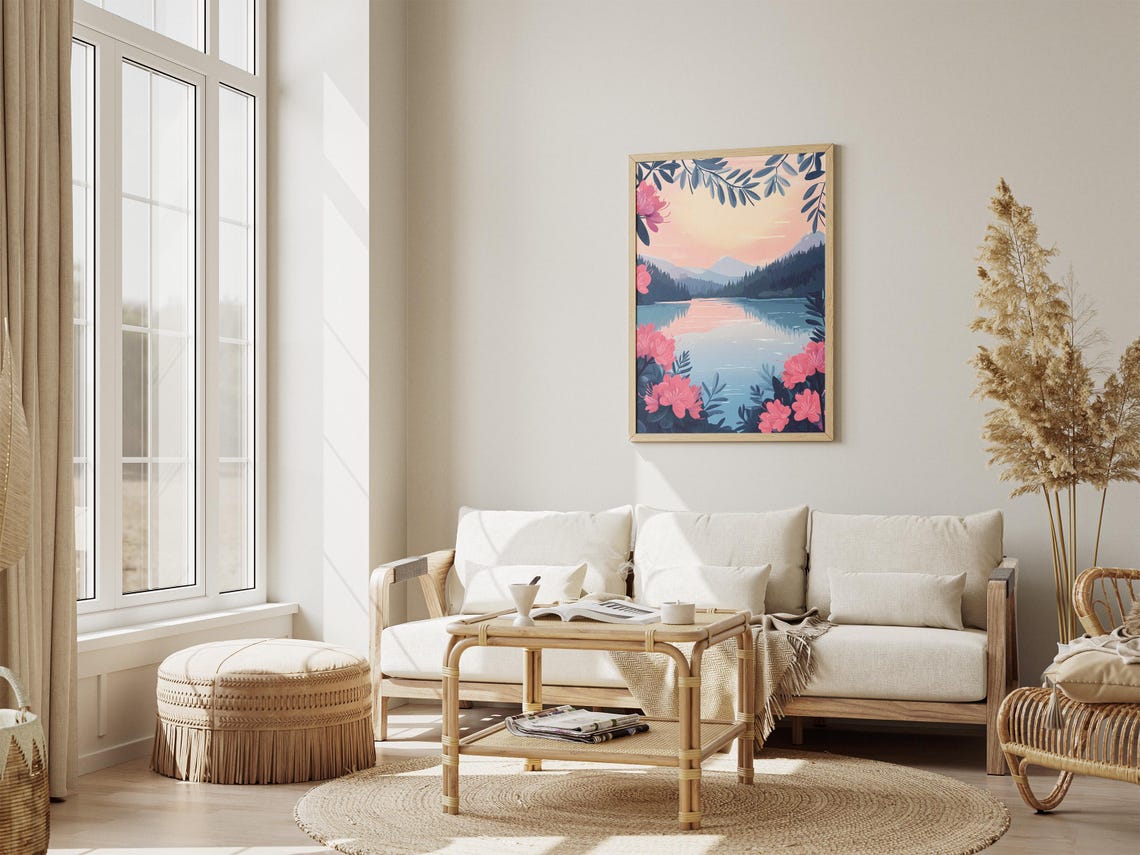 Pink Sunset Lake Rhododendron Blossom Border Romantic Poster - Image 4