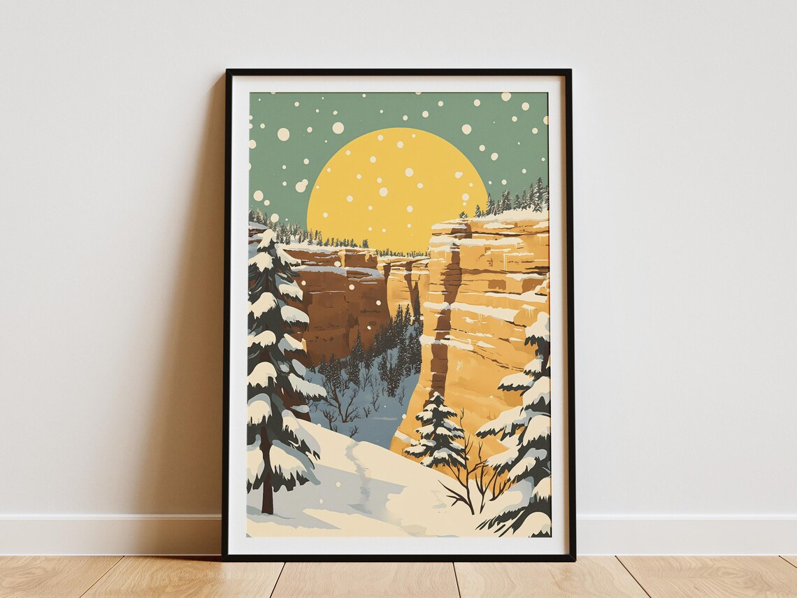 Mesa Verde Snowy Canyon Cliffs Beneath a Giant Golden Sun Poster