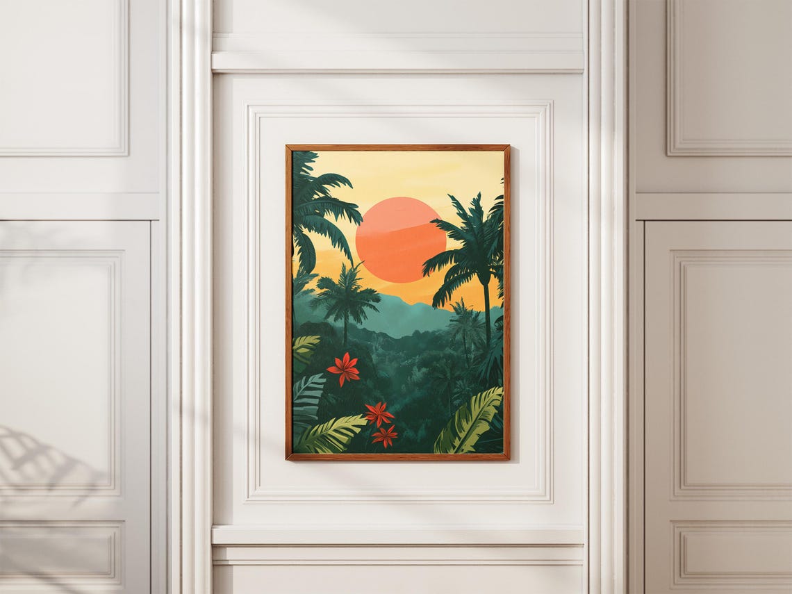 Amazon Rainforest Sunset Giant Sun Palms and Red Flowers Jungle Poster - Image 2
