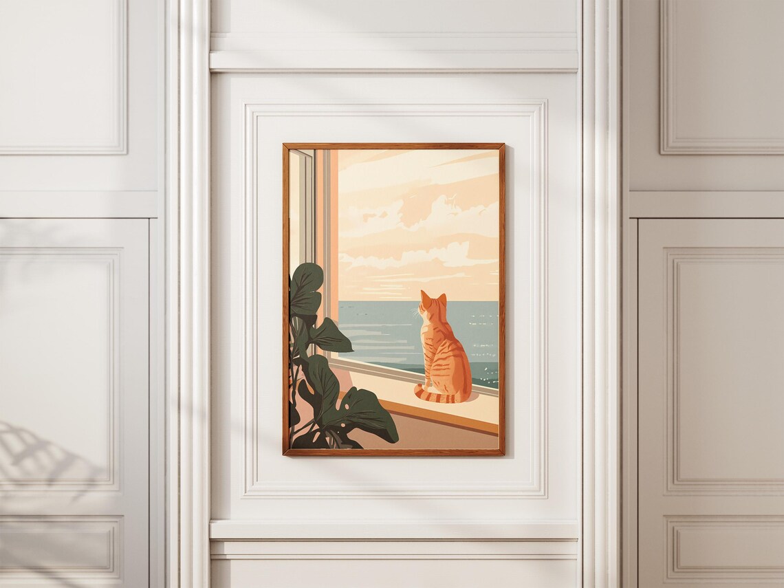 Sunlit Orange Tabby Cat on a Windowsill Gazing at the Ocean Poster - Image 2