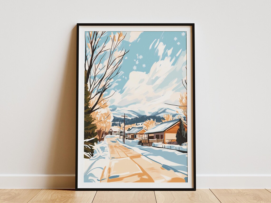 Snowy Village Street With Warm Wooden Cabins Winter Holiday Poster