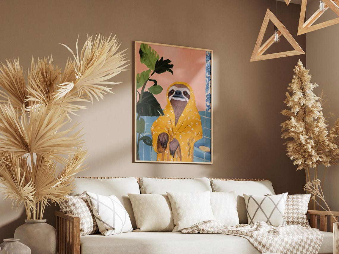 Sloth in Yellow Floral Bathrobe Tropical Bathroom Humor Poster - Image 3