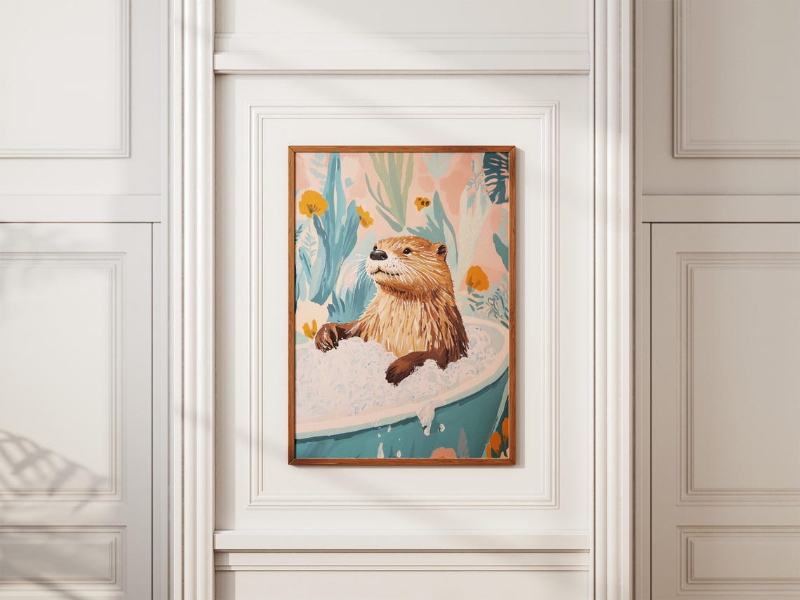 Otter Relaxing in Bubble Bath Floral Teal Tub Bathroom Poster - Image 2