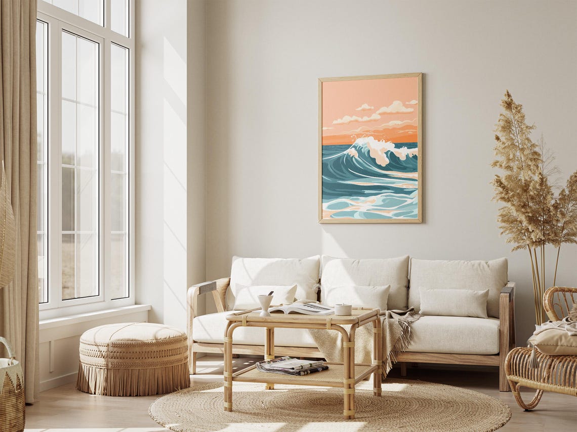 Big Blue Ocean Wave Crashing Under an Orange Sunset Sky Poster - Image 4