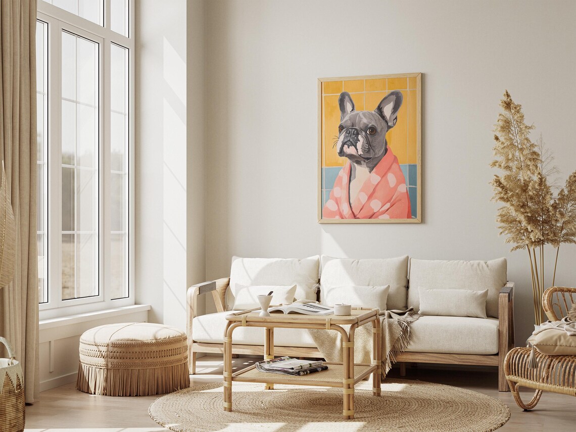 Adorable French Bulldog In Coral Polka Dot Bathrobe Dog Poster - Image 4