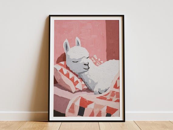 Cozy Alpaca Sleeping In Bed Matisse Style Painting Gouache Art Print Cute Animal Wall Decor Nursery Bedroom