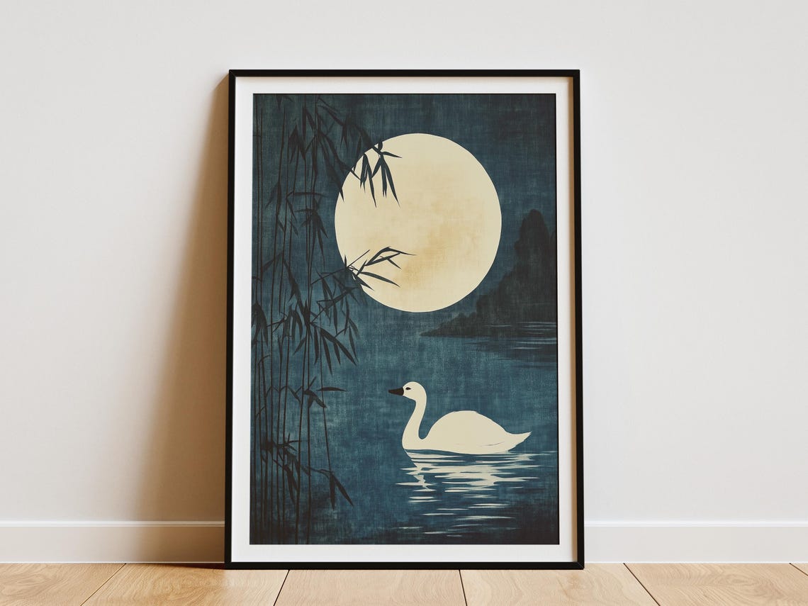 White Swan on Moonlit Lake with Bamboo Traditional Chinese Art Poster