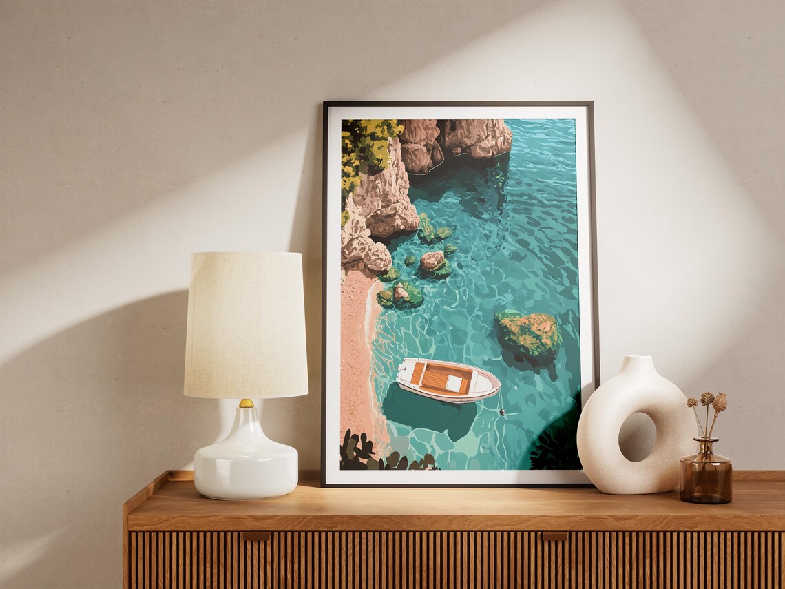 Boat Anchored in Turquoise Cove Rocky Cliff Aerial Illustration Poster - Image 5