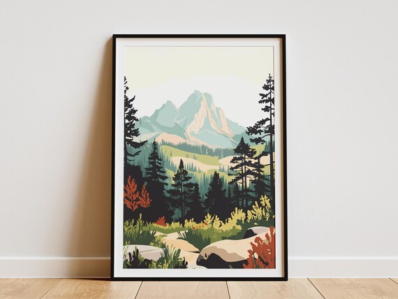 Mountain Range Poster Nature Art Print Forest Landscape Pine Trees Modern Minimalist Wall Decor Abstract Landscape Painting Green And Beige