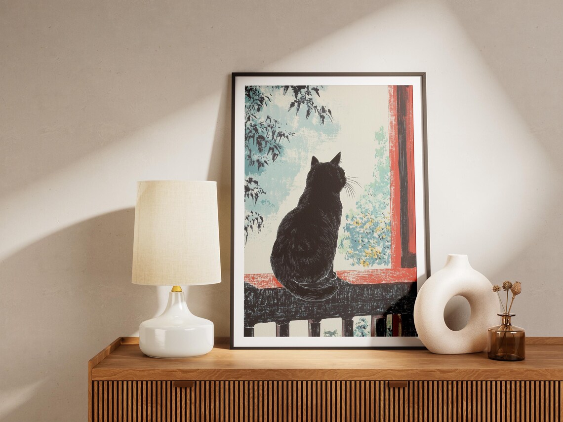 Black Cat Silhouette Gazing Out Window Japanese Woodcut Art Poster - Image 5