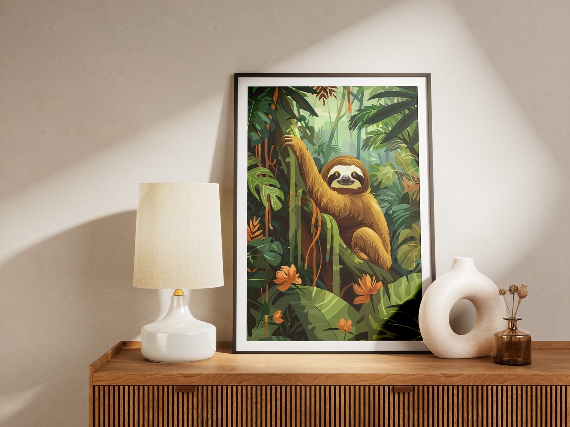 Smiling Sloth Jungle Poster Rainforest Animal Print Tropical Art Wall Decor Green Nature Illustration - Image 2