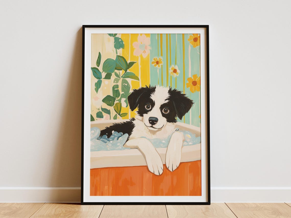 Border Collie Puppy Bubble Bath Retro Floral Curtain Art Poster