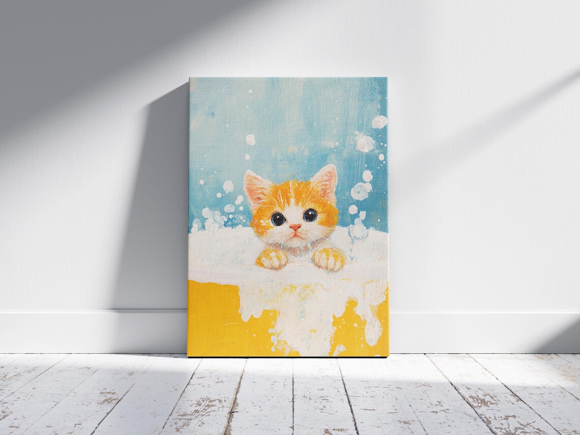 Orange Kitten in Yellow Foamy Bathtub Funny Cute Cat Art Poster - Image 2