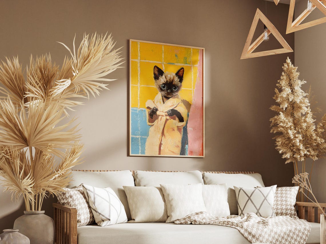 Siamese Kitten in Cream Bathrobe Yellow Tile Cute Cat Bathroom Poster - Image 3