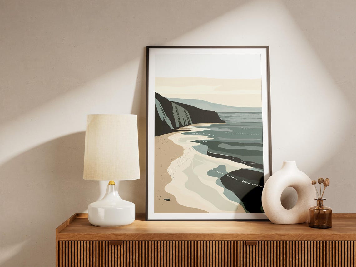 Abstract Beige Teal Coastal Waves Minimalist Beach Art Poster - Image 5