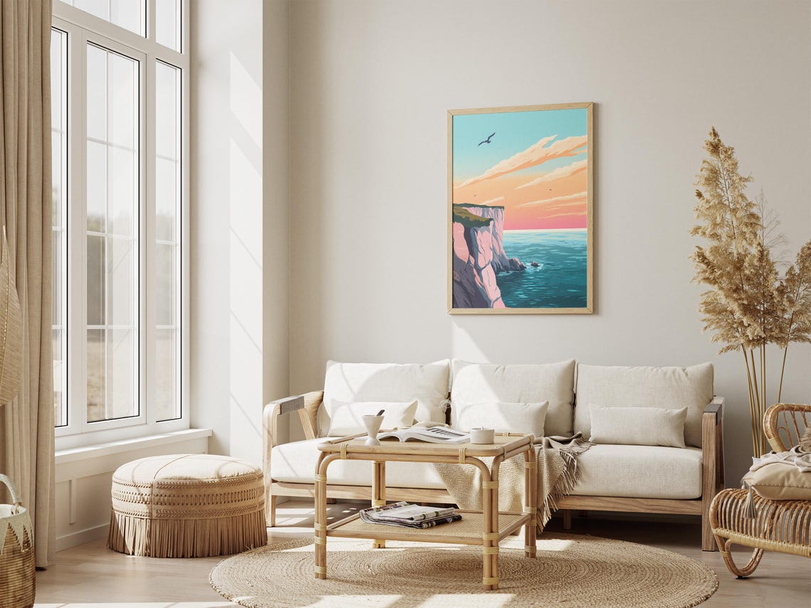 Pale Pink Cliffs Overlooking a Bright Turquoise Sea at Sunset Poster - Image 4