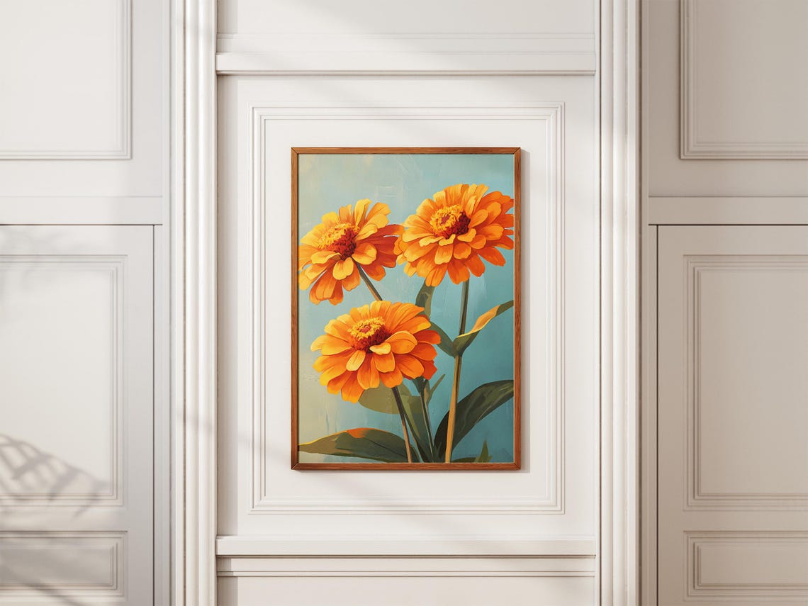 Bold Orange Zinnia Trio On Teal Background Modern Floral Poster - Image 2