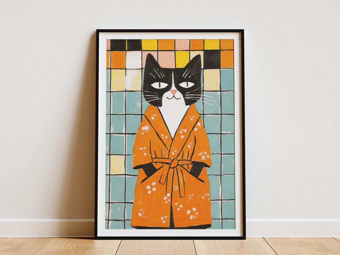 Black Cat Orange Bathrobe Checkered Tile Modern Funny Pet Art Poster