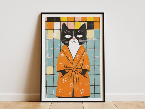 Cute Cat In Bathrobe Posterfunny Art Printwhimsical Pet Printbathroom Decororange And Black Catmodern Illustrationunique