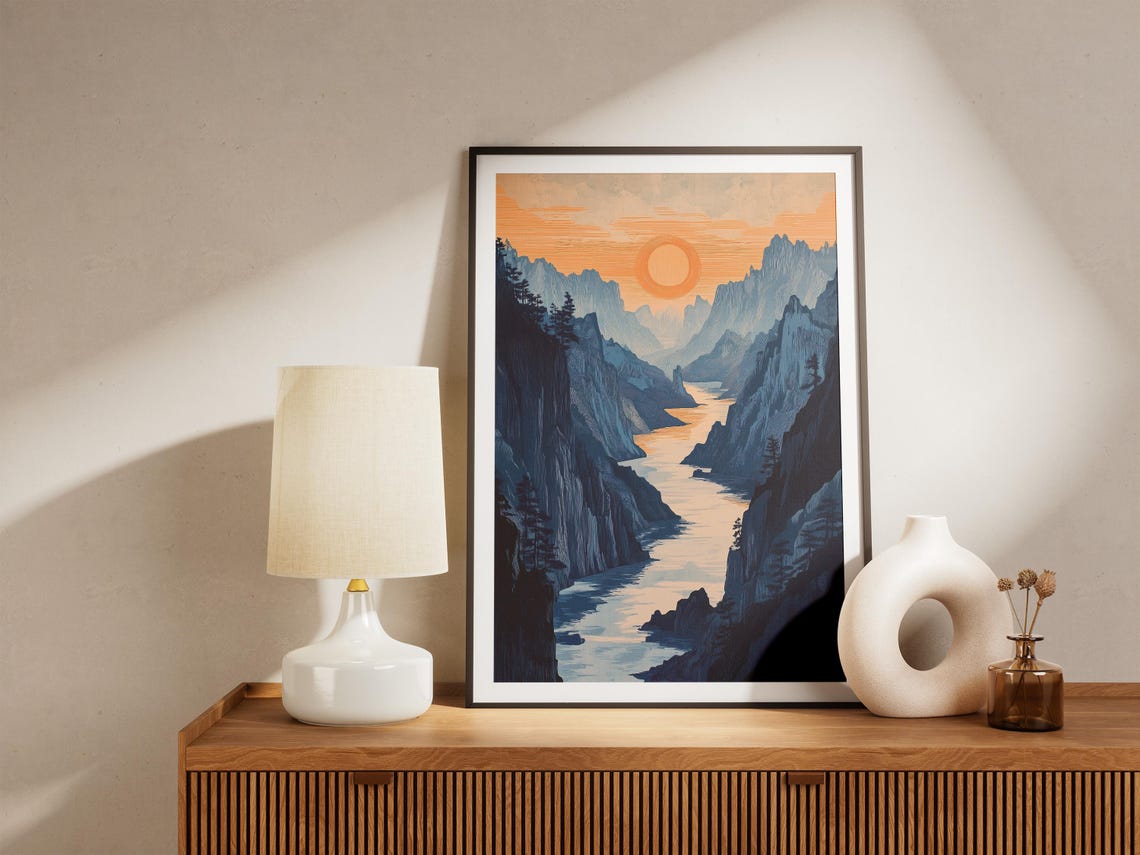 Golden Sunrise Over Misty Mountain River Valley Landscape Art Poster - Image 5