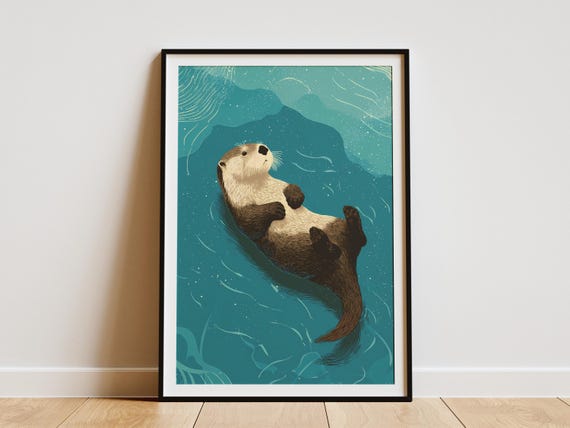 Serene River Otter Floating Art Print Calm Water Wildlife Poster Nature Inspired Animal Wall Decor Unique Nursery Bathroom Living Room