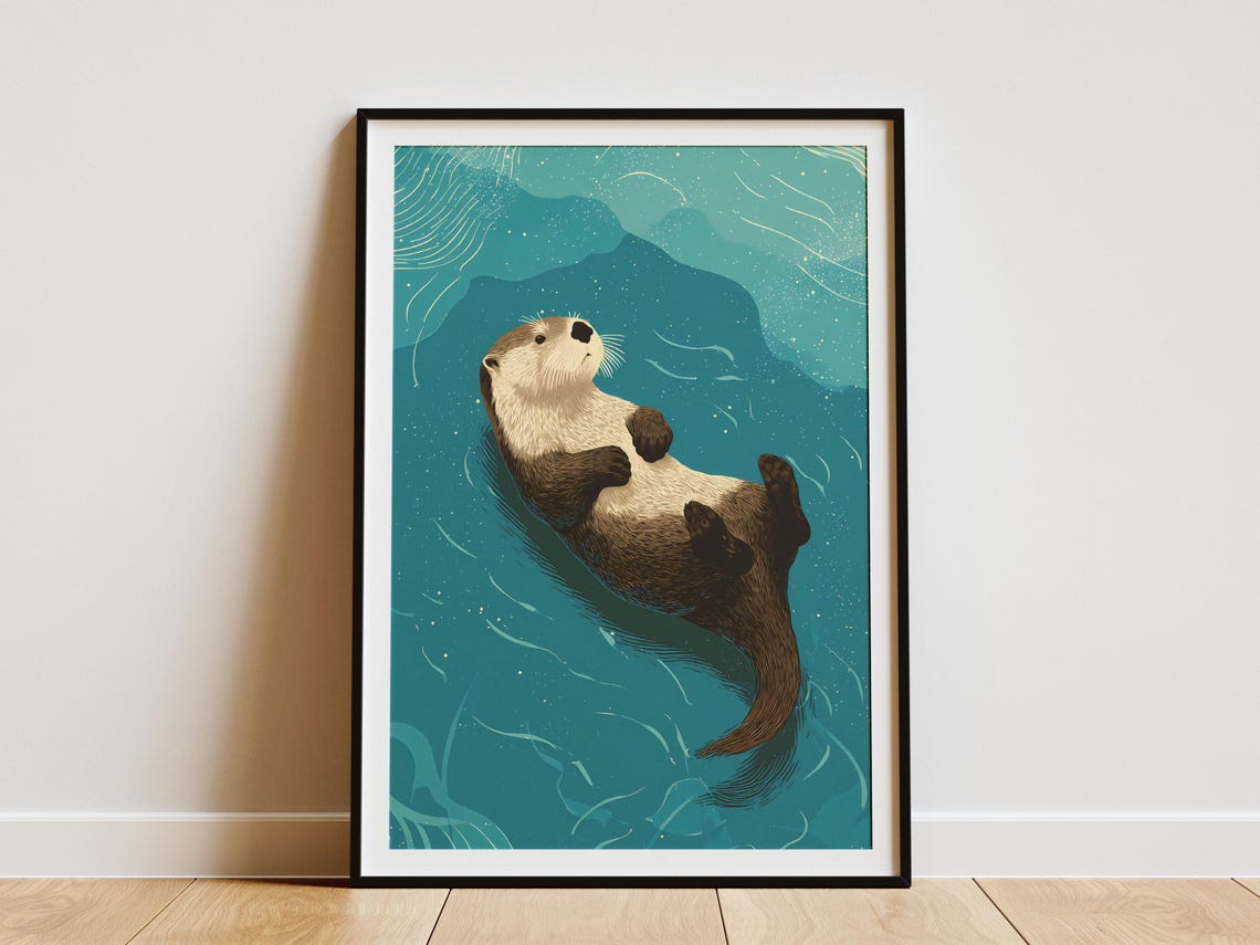 Adorable Sea Otter Floating On Its Back In Teal Ocean Water Poster