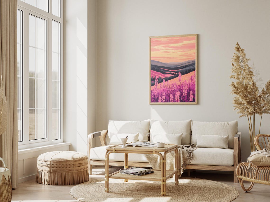 Pink Fireweed Valley Sunset Landscape Poster with Mountain View - Image 4