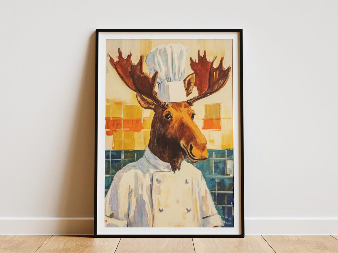 Moose Chef Art Print Funny Kitchen Poster Animal Portrait Whimsical Decor Unique