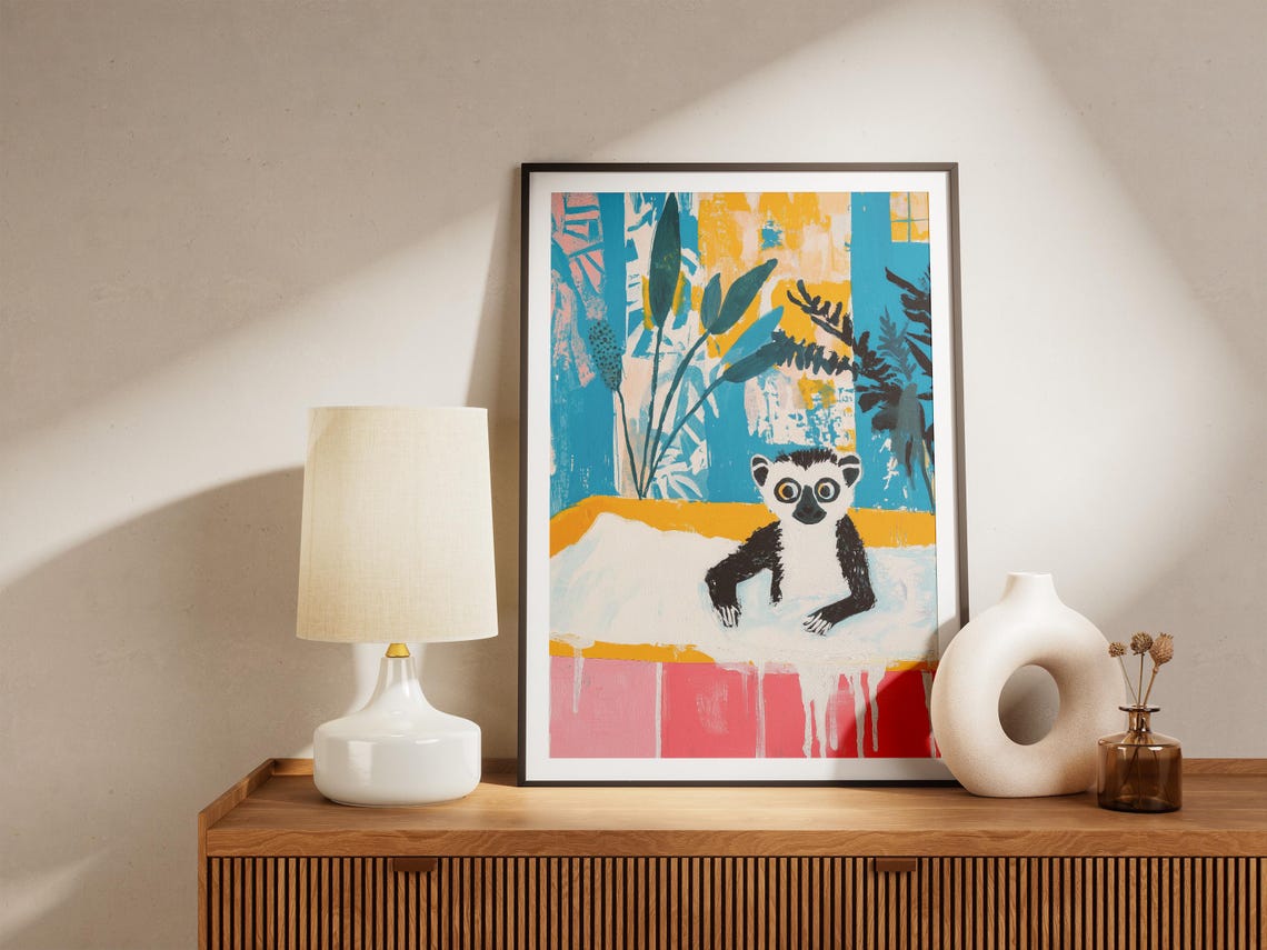 Ring Tailed Lemur In A Bathtub Colorful Modern Bathroom Poster - Image 5