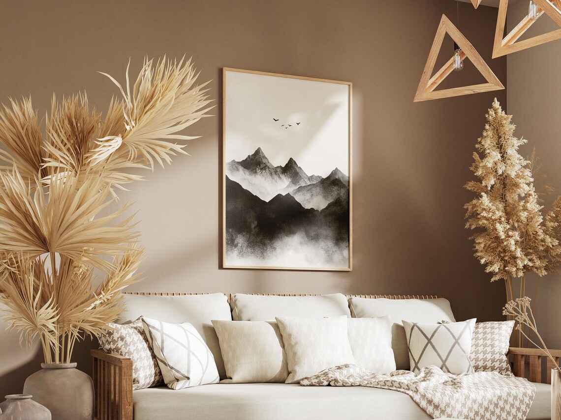 Black Ink Mountain Peaks Flying Birds Minimalist Zen Art Poster - Image 3