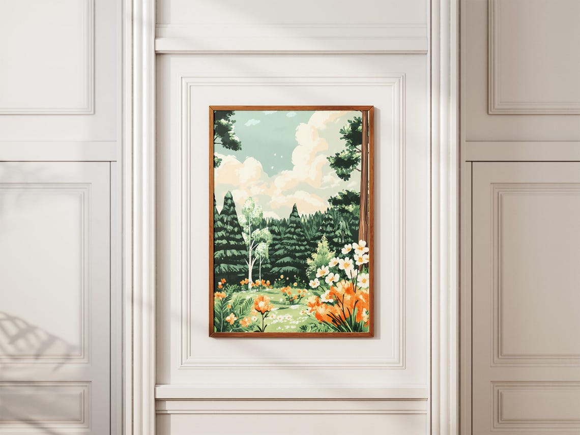 Pine Forest Meadow with Bright Orange Poppies and Blue Sky Poster - Image 2