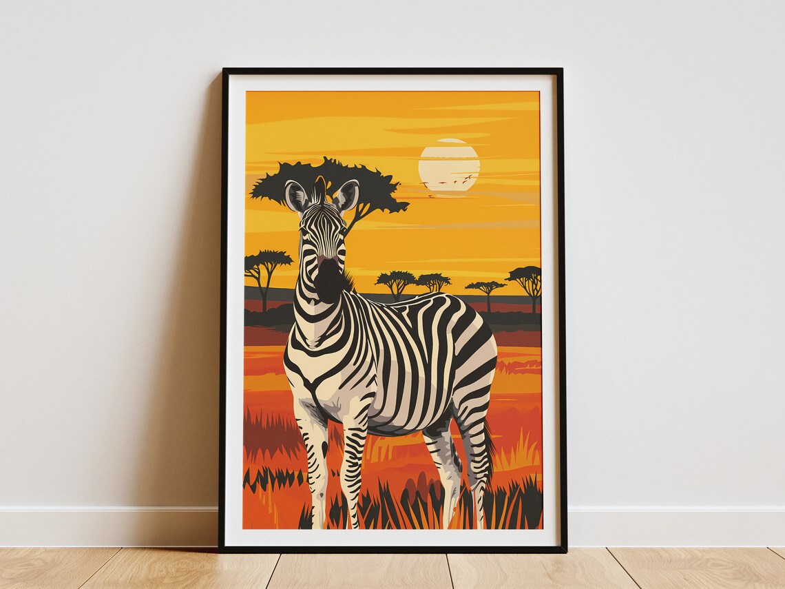 Bold Zebra African Savanna Sunset Orange Acacia Safari Poster