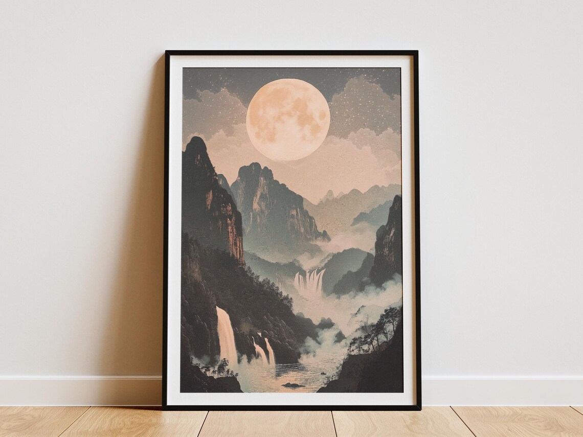Jiuzhaigou Valley China Misty Waterfall Full Moon Mountain Poster