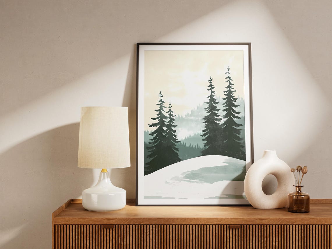 Minimalist Pine Trees On Misty Snow Forest Hill Winter Poster - Image 5