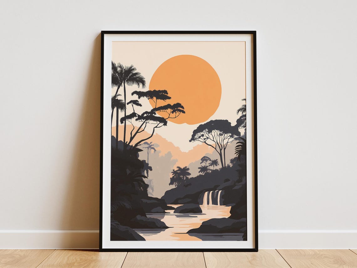 Hidden Waterfall In The Jungle At Sunset Tropical Landscape Poster
