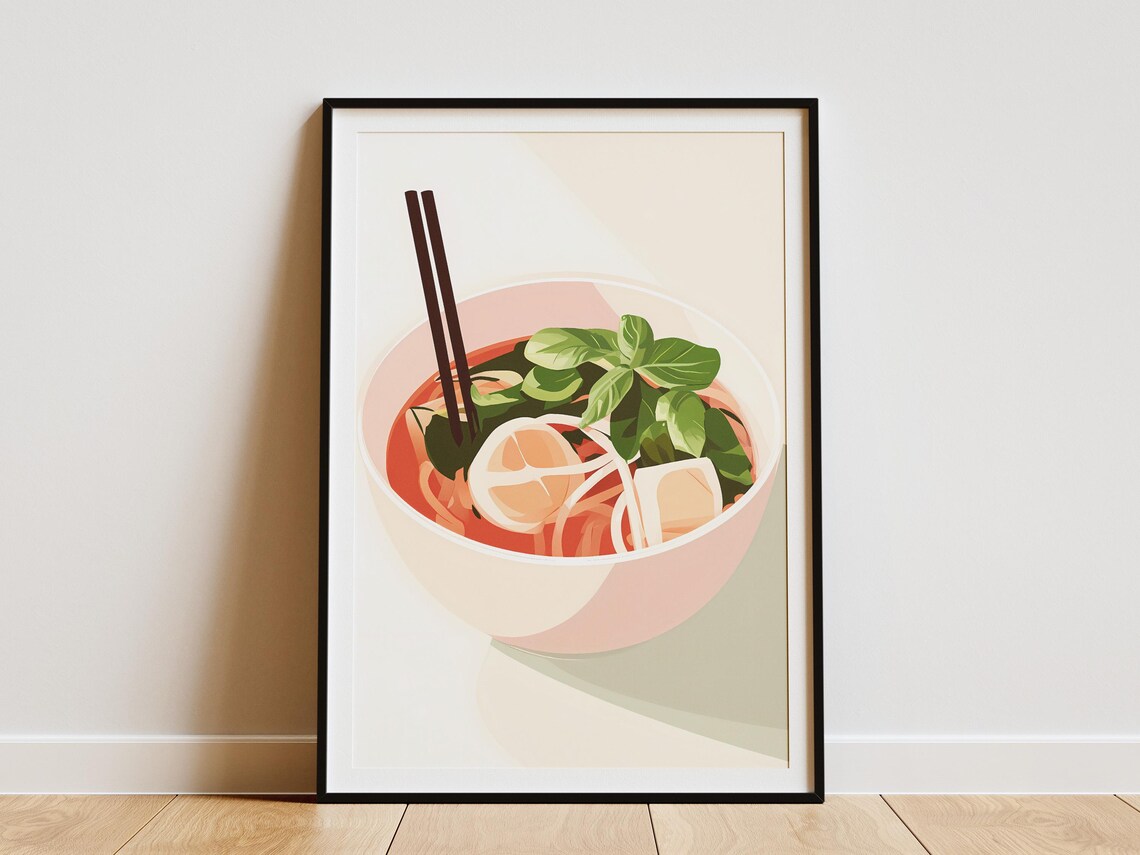 Pho Bowl With Fresh Basil And Lime Minimalist Food Art Poster