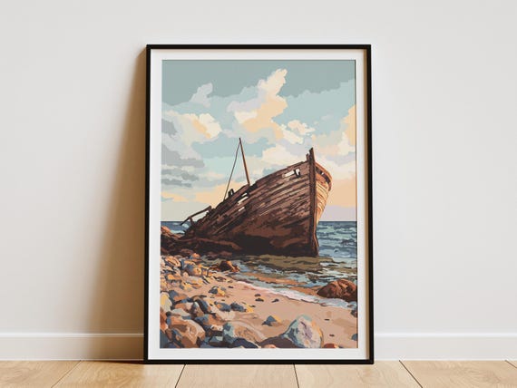Beach Shipwreck Art Print Nautical Wall Decor Ocean Poster Coastal Home Decor Vintage Boat Wreck Seascape Artwork Nautical Themed Print