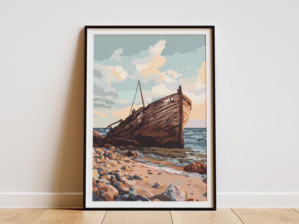 Beached Wooden Shipwreck on Rocky Shore Vintage Illustration Poster