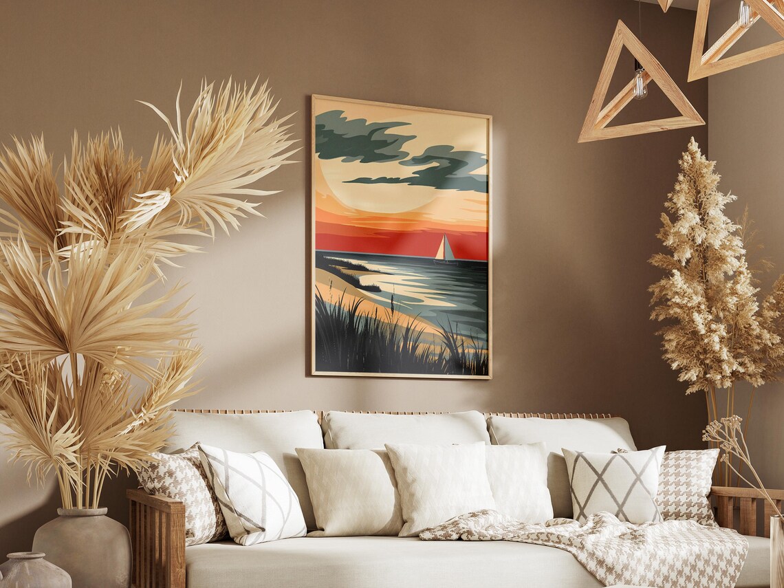 Wadden Sea Sunset Sailboat Grassy Dunes Northern Coastal Travel Poster - Image 3