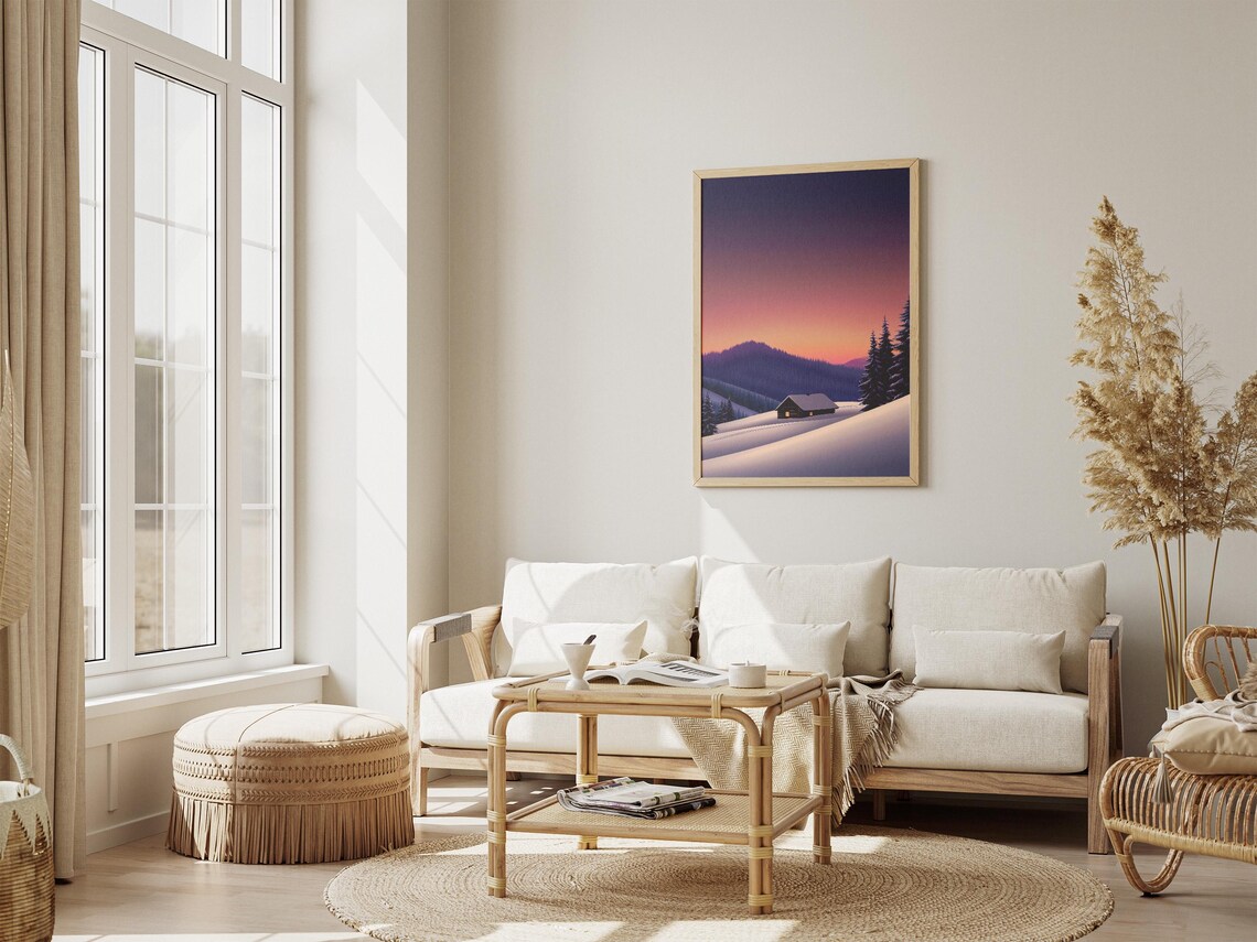 Cozy Glowing Winter Cabin Under Purple Sunset Snowy Hills Poster - Image 4