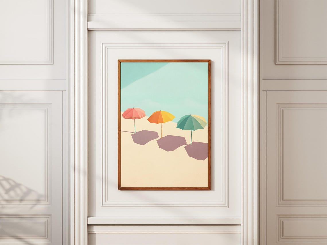 Three Colorful Beach Umbrellas Casting Shadows Mid Century Poster - Image 2