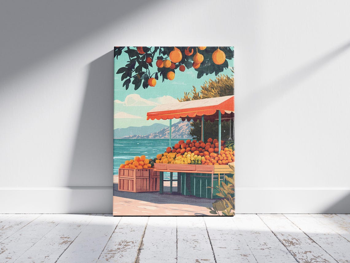 Sunny Coastal Citrus Fruit Stand by the Sea Summer Art Poster - Image 2